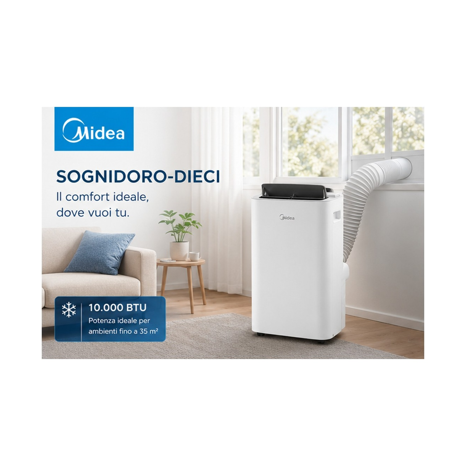 Un condizionatore Midea bianco con tubo di scarico vicino a una finestra, accanto a un divano.