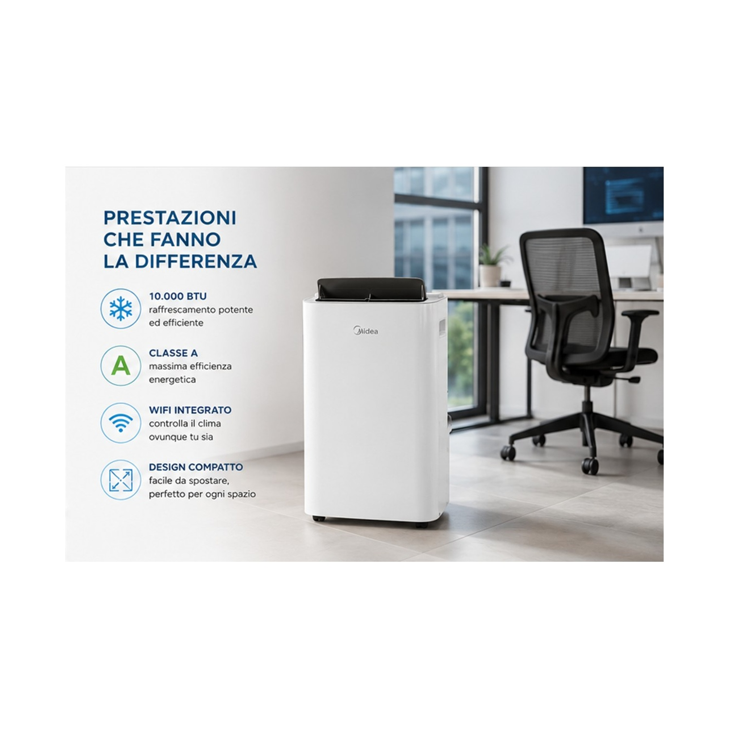 Un condizionatore Midea bianco accanto a una scrivania con sedia da ufficio.