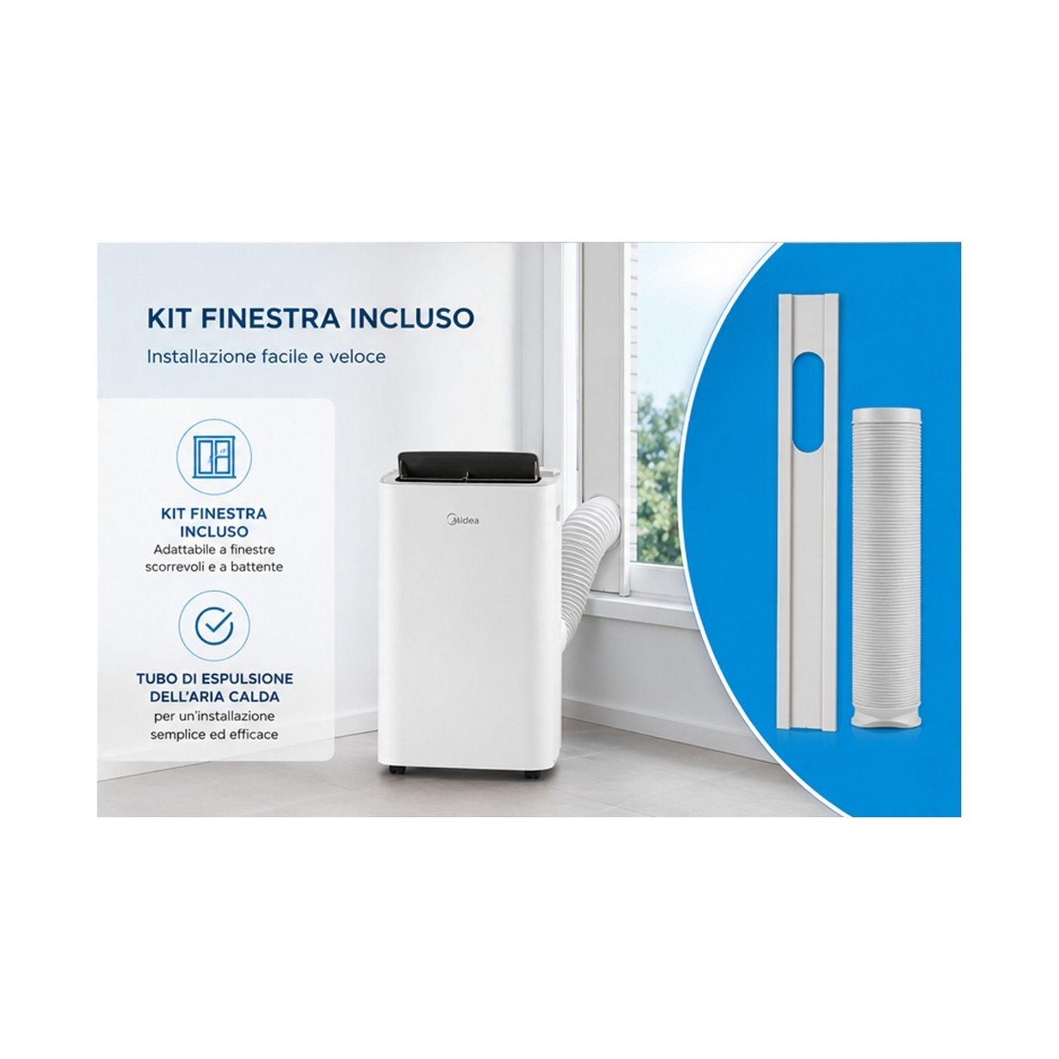 Un kit di condizionatore portatile bianco con adattatore per finestra e tubo di scarico.