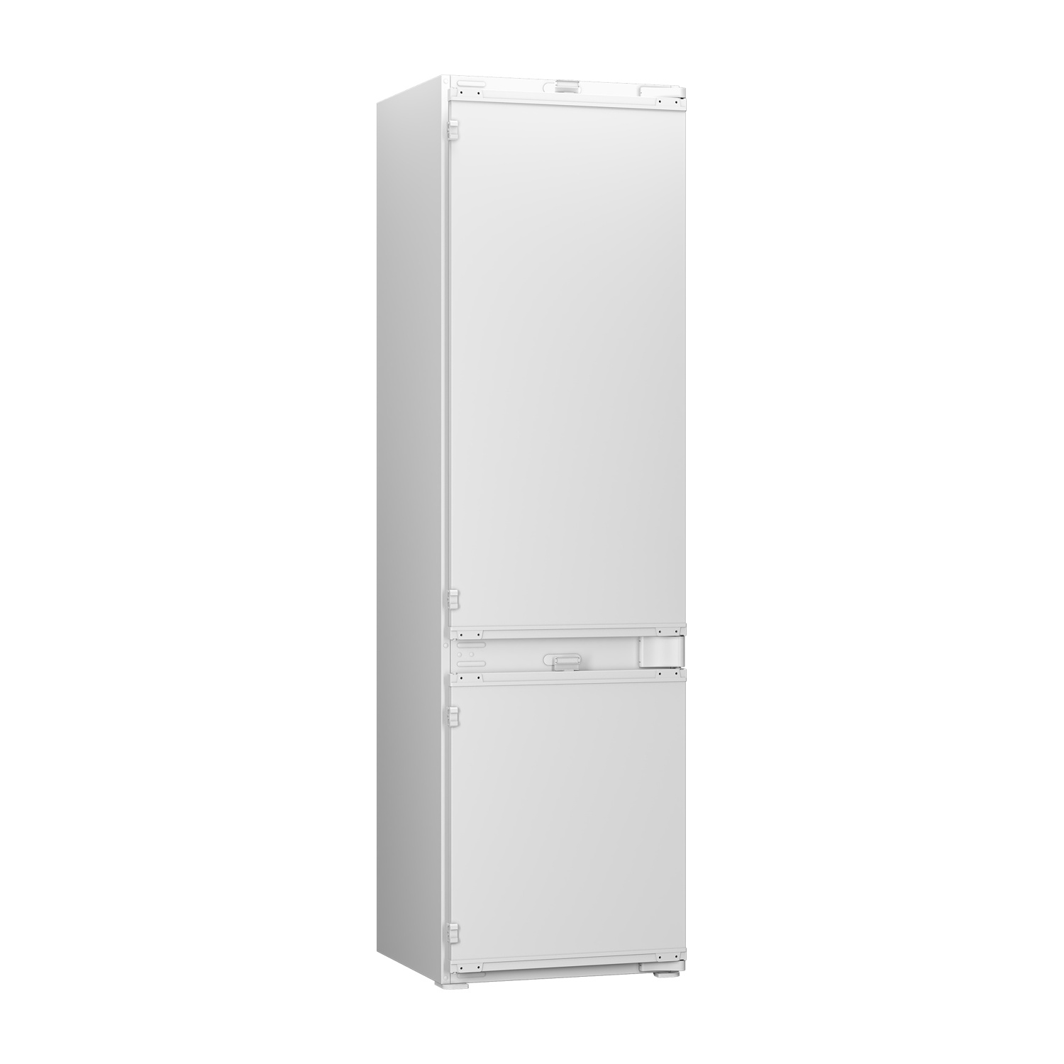 Un elettrodomestico verticale bianco e slanciato su sfondo bianco.
