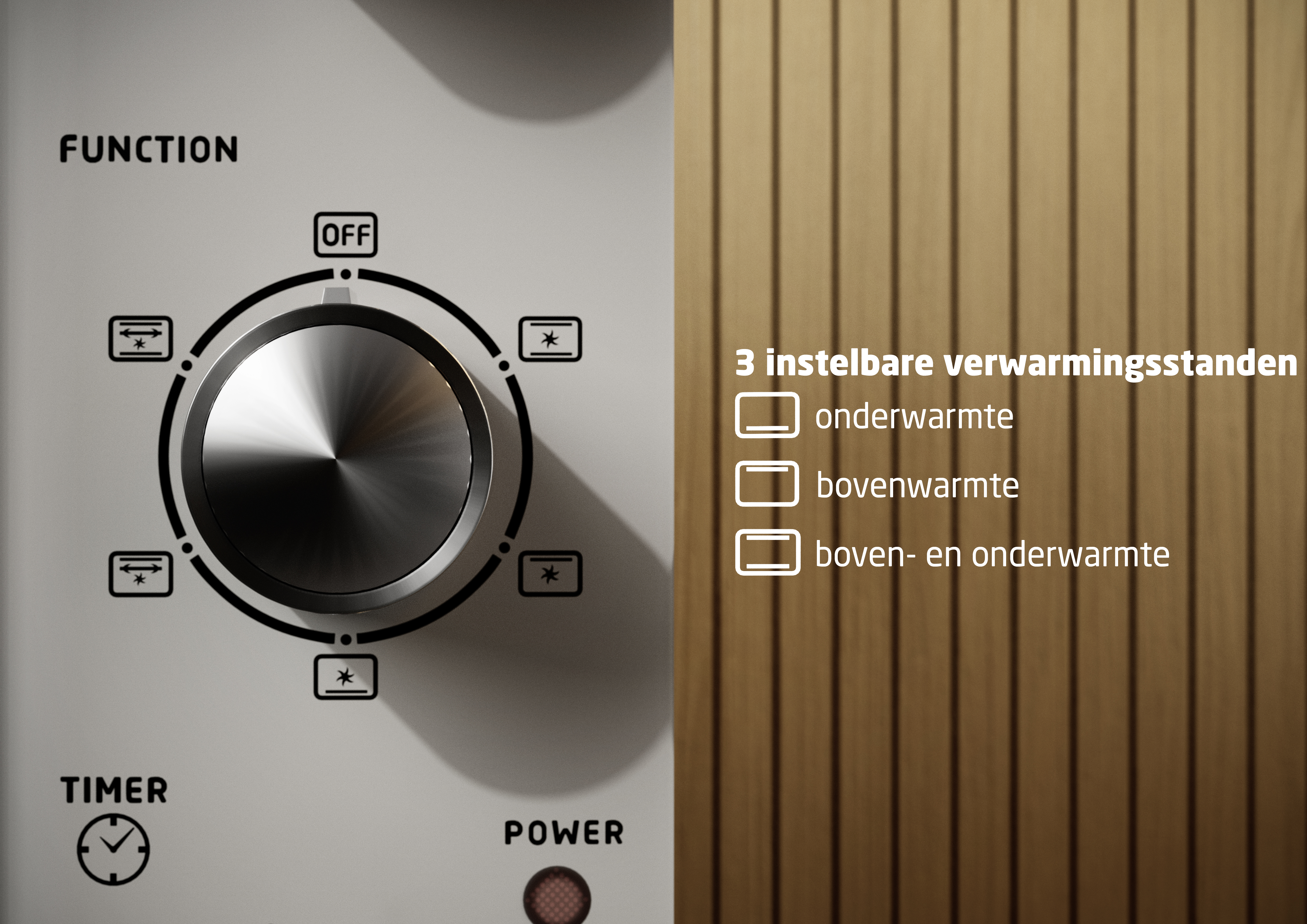 Function dial with Off setting and Timer/Power buttons.
