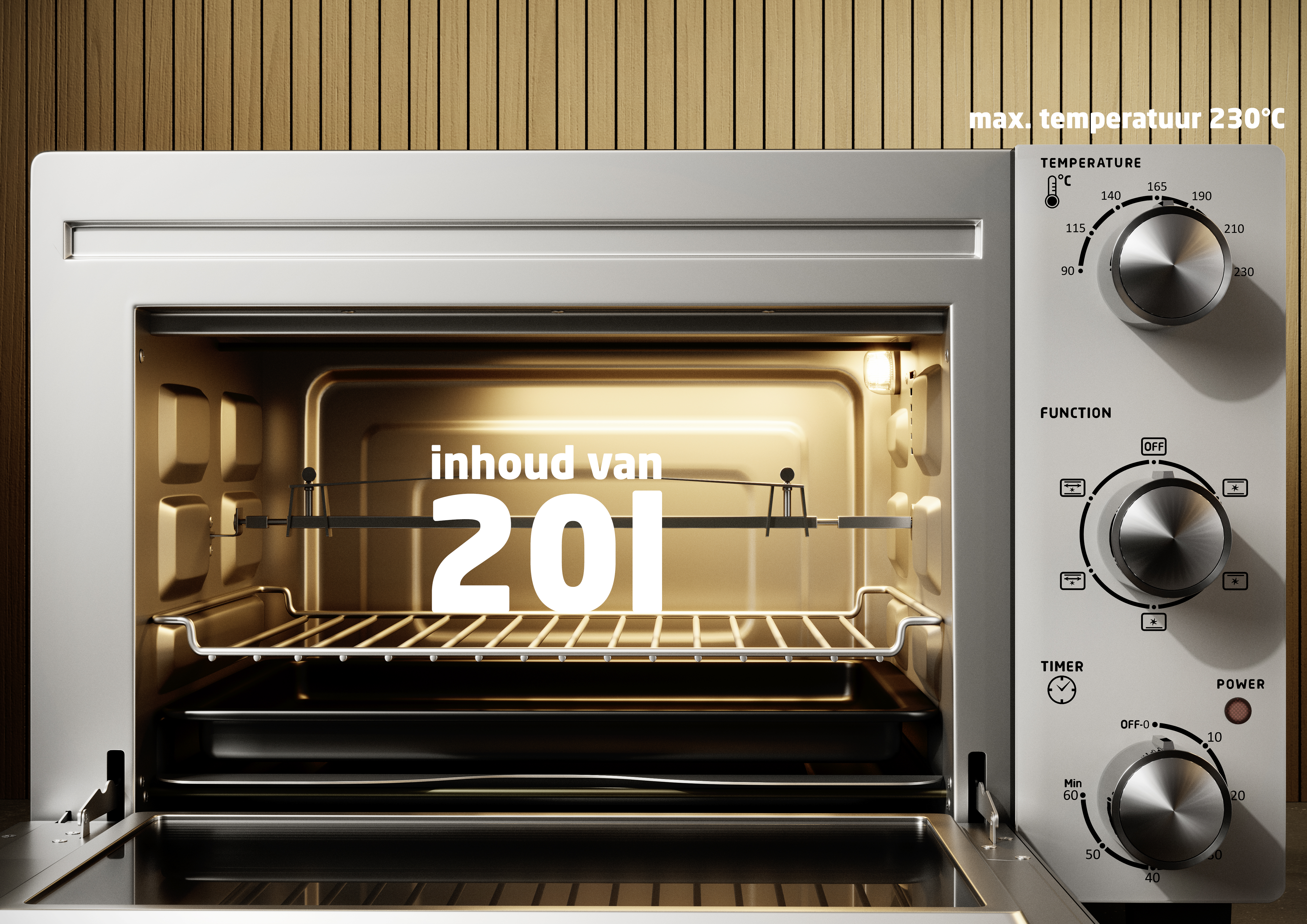 A silver oven displaying "content 20L" with temperature controls.