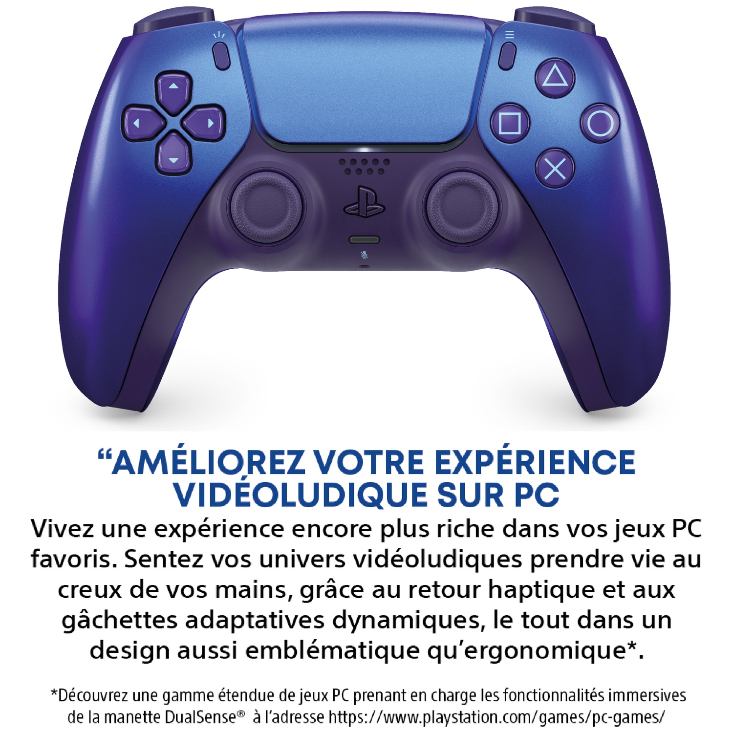 Une manette PlayStation 5 bleue et violette avec du texte.