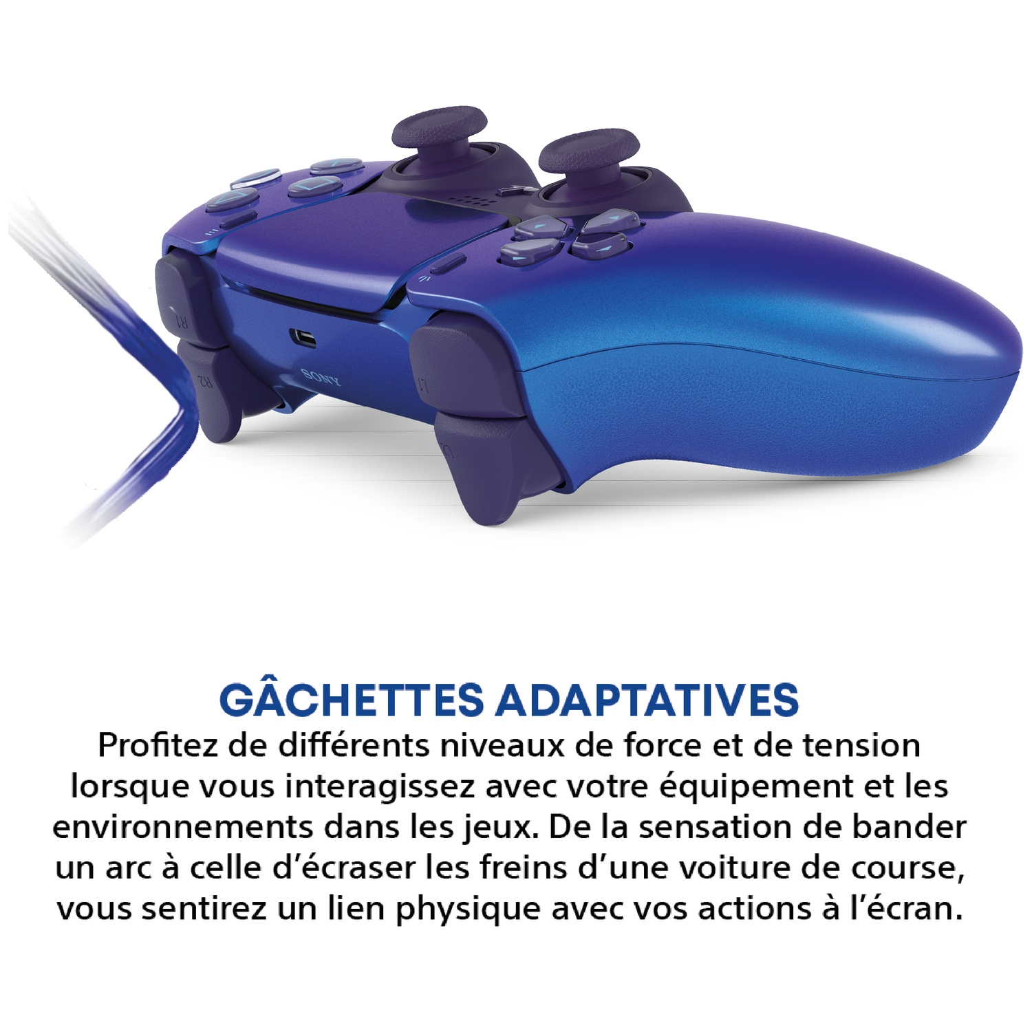 Une manette violette avec des accents bleus et des câbles.