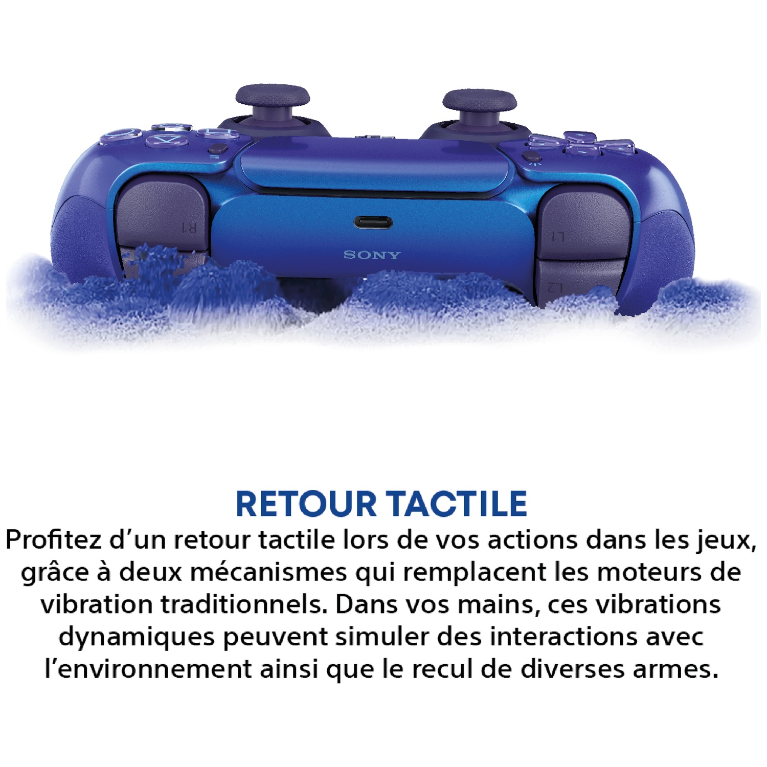 Une manette Sony bleue avec des boutons violets, dans des particules bleues.