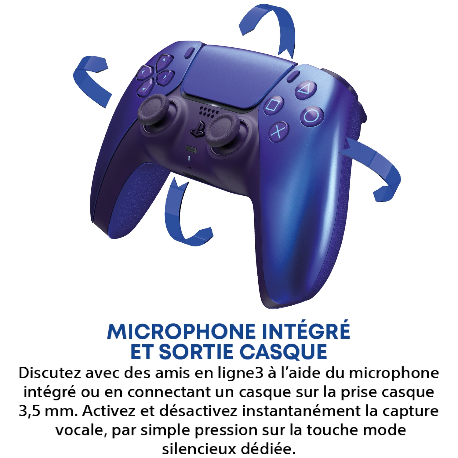 Manette PS5 bleue avec flèches indiquant micro et prise casque.