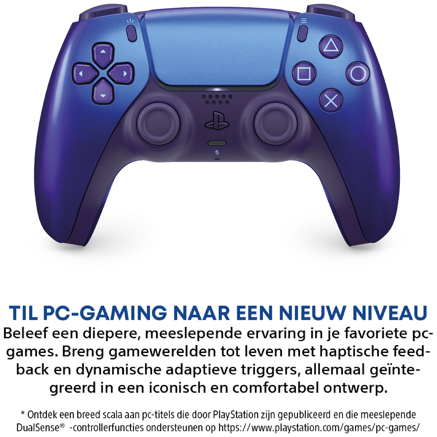 Een blauwe en paarse PlayStation-controller met symbolen.