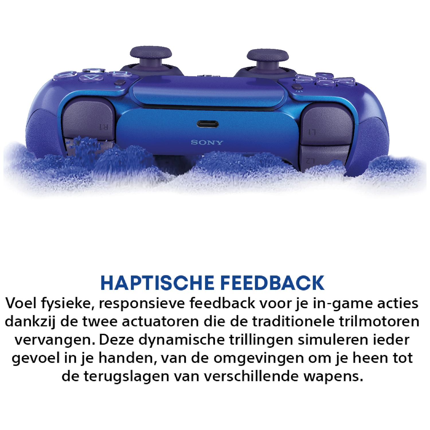 Een blauwe Sony PlayStation 5 controller rust op blauw, schuimig materiaal.