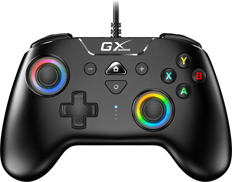 Fekete gamer kontroller megvilágított analóg karokkal és gombokkal.