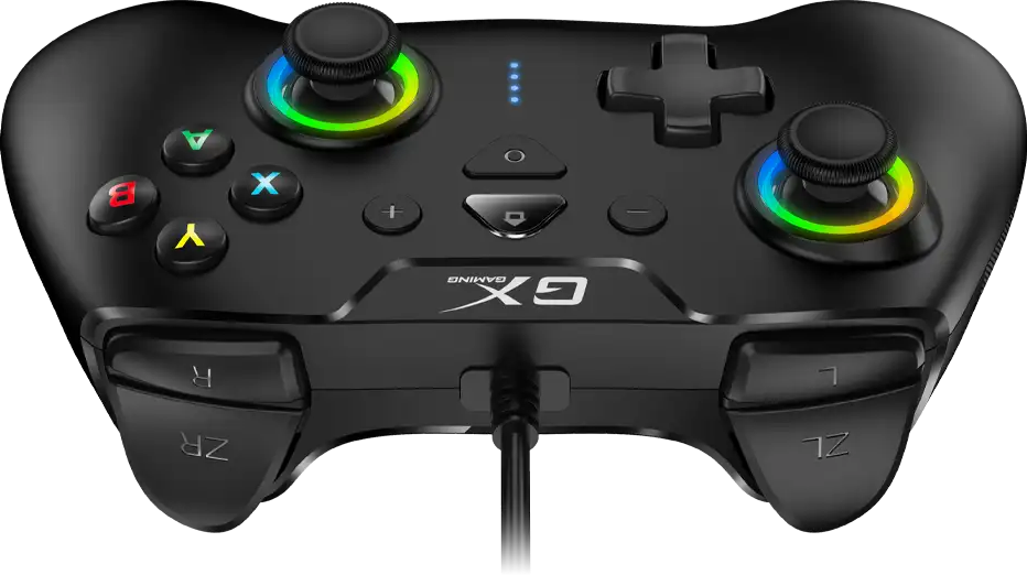 Fekete gamer kontroller világító joystickokkal és gombokkal.