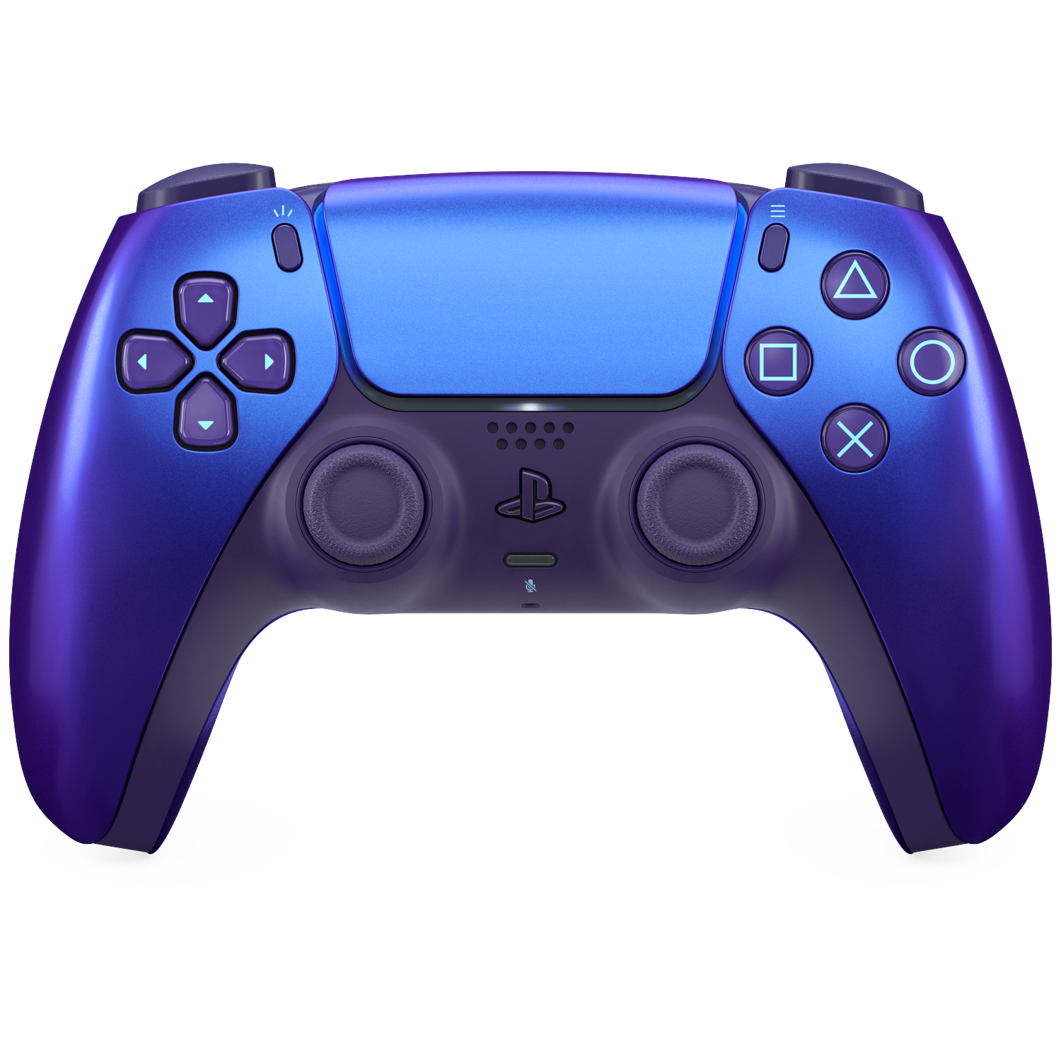Een blauwe en paarse gaming controller met zwarte details op een zwarte achtergrond.