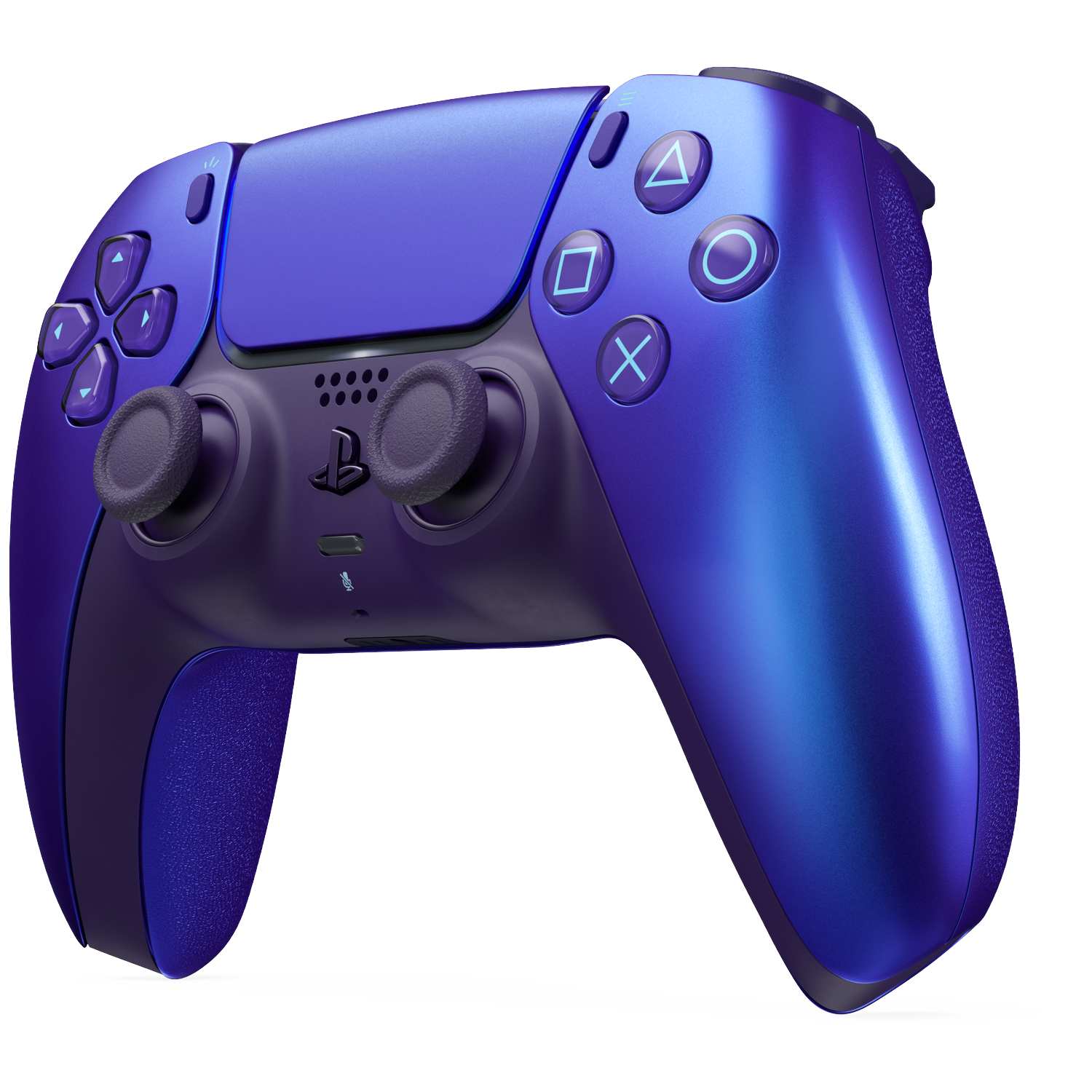 Een paarse en blauwe PS5 controller met zwarte knoppen op een zwarte achtergrond.