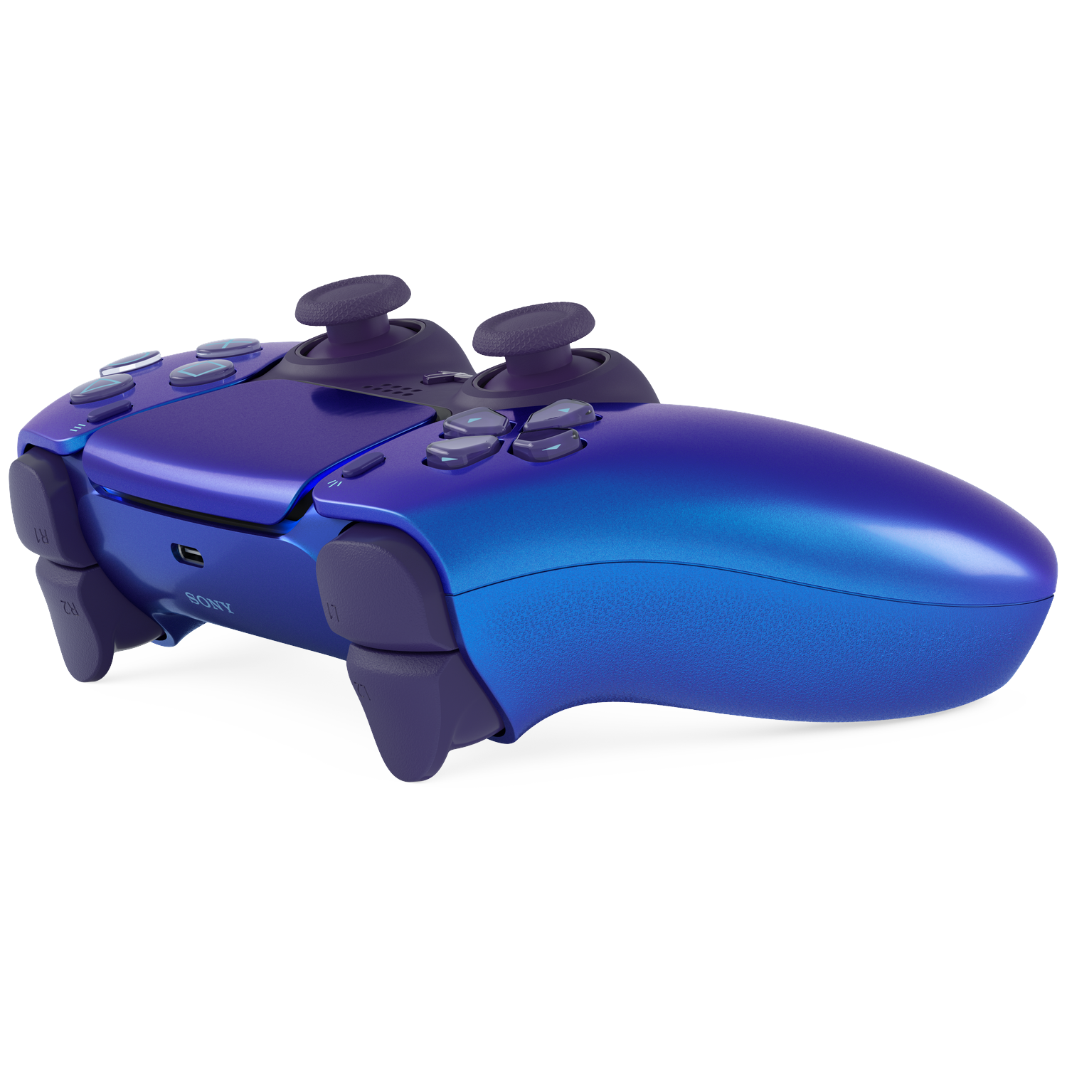 Een paarse en blauwe DualSense controller met zwarte elementen.