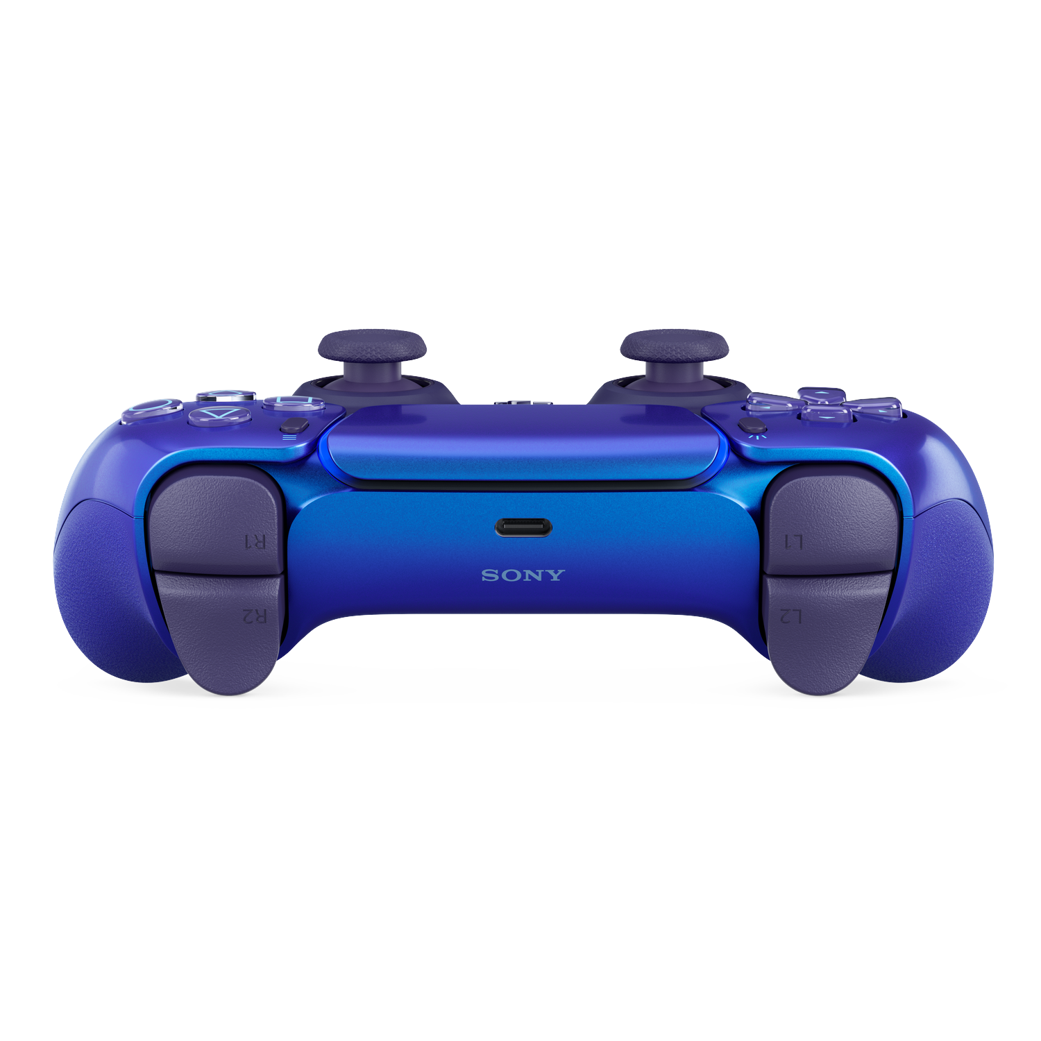 Een blauwe en paarse gamingcontroller met zwarte accenten en joysticks.