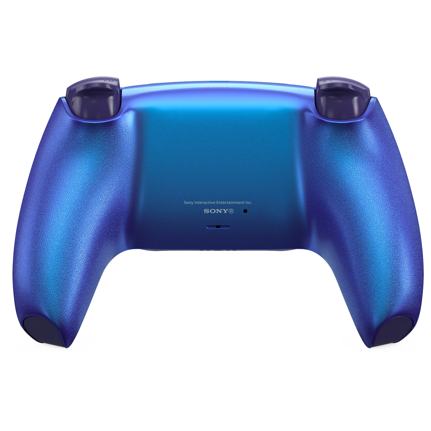 Achterkant van een blauwe en paarse Playstation 5 controller met Sony logo.