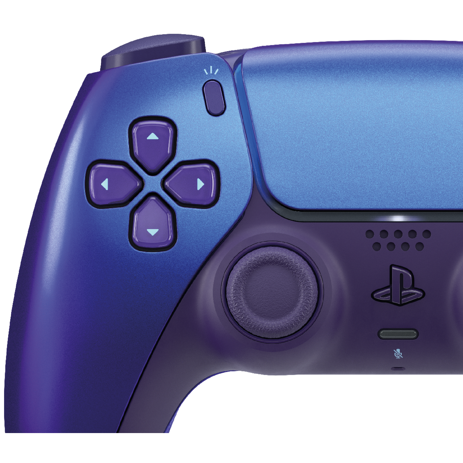 Close-up van een blauwe en paarse gamecontroller met directionele knoppen en joystick.