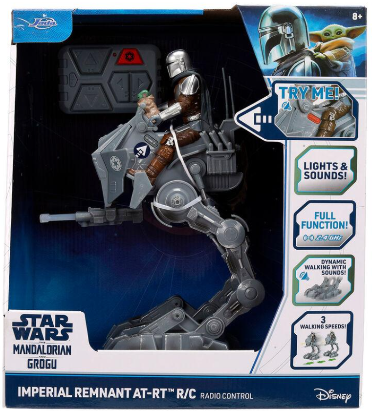 Mandalorian-Spielzeug mit Grogu auf einem grauen AT-RT-Walker, mit Fernbedienung.