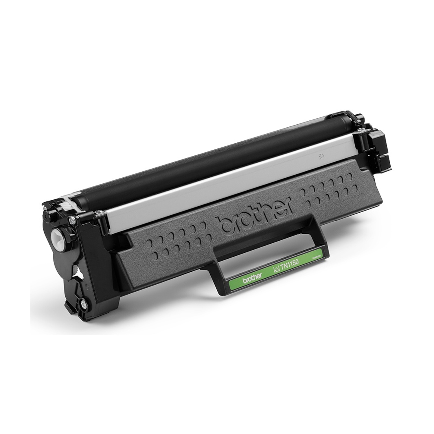 Cartuccia toner Brother TN1150 nera con manico e rullo.