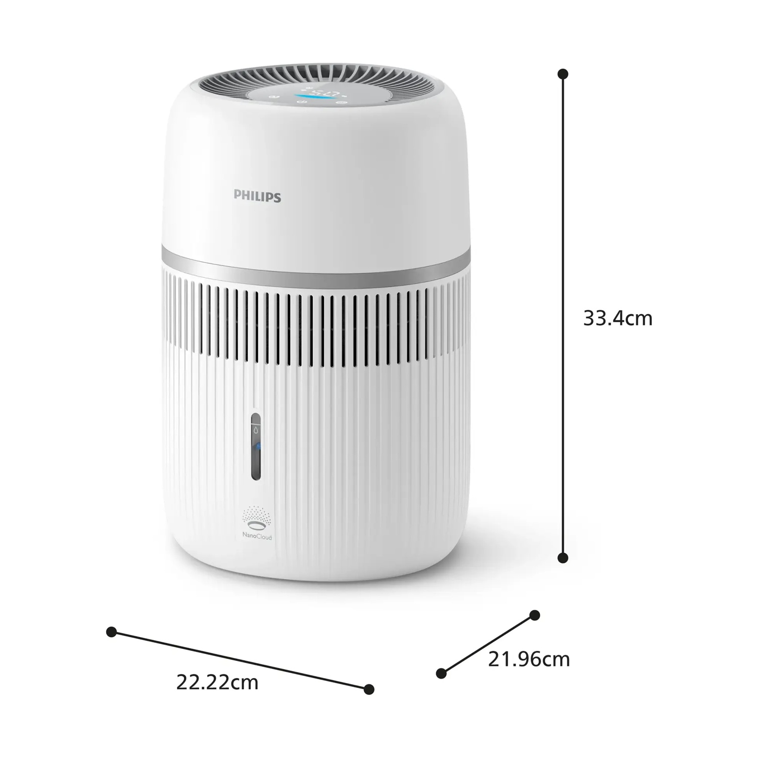 Un purificatore d'aria Philips bianco con display blu e dimensioni.