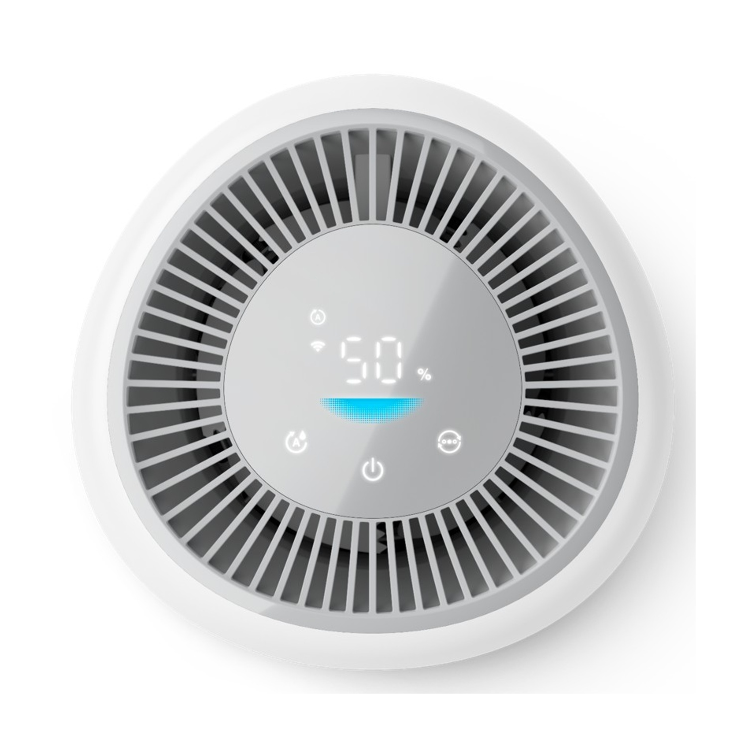 Un purificatore d'aria bianco con display digitale al 50% e pulsanti.