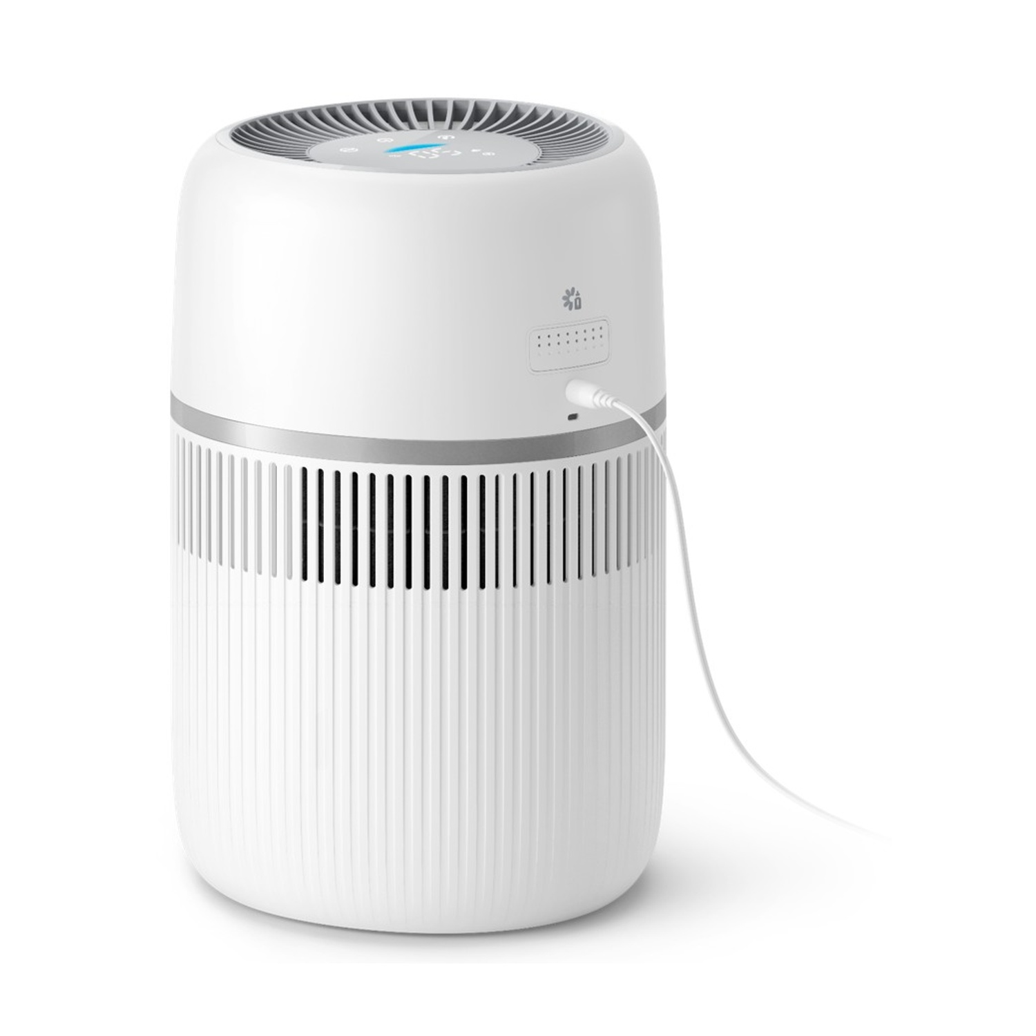 Un purificatore d'aria bianco con display blu su sfondo bianco.