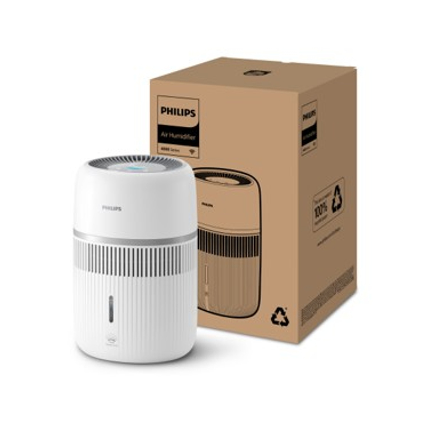 Un umidificatore d'aria Philips bianco accanto alla sua scatola.