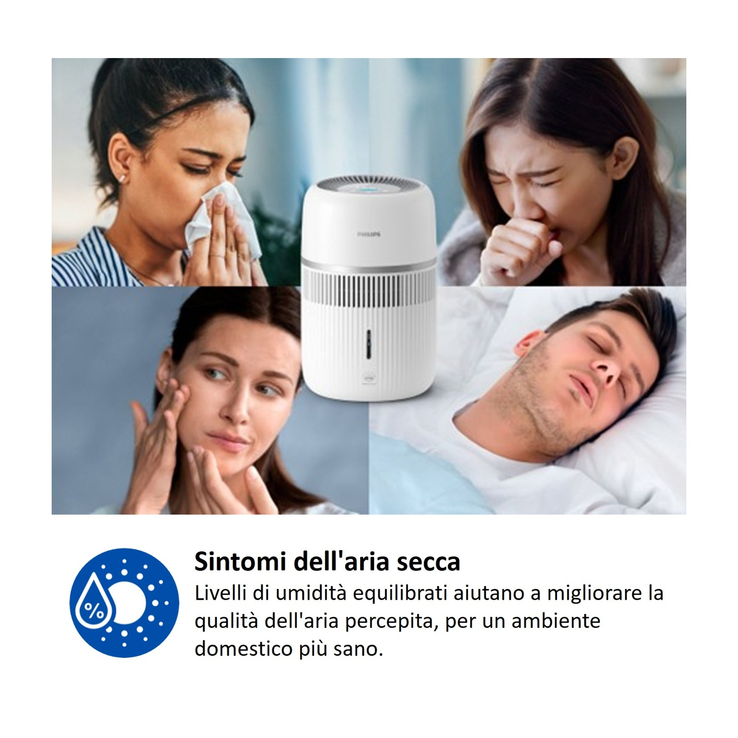 Collage: Donna si soffia il naso, tossisce, cura la pelle. Uomo dorme. Purificatore.