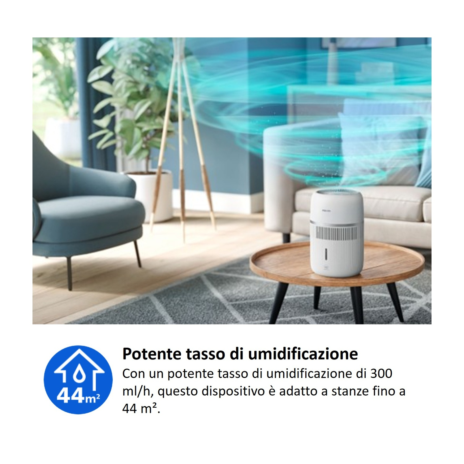 Un umidificatore bianco si trova su un tavolino in un soggiorno.