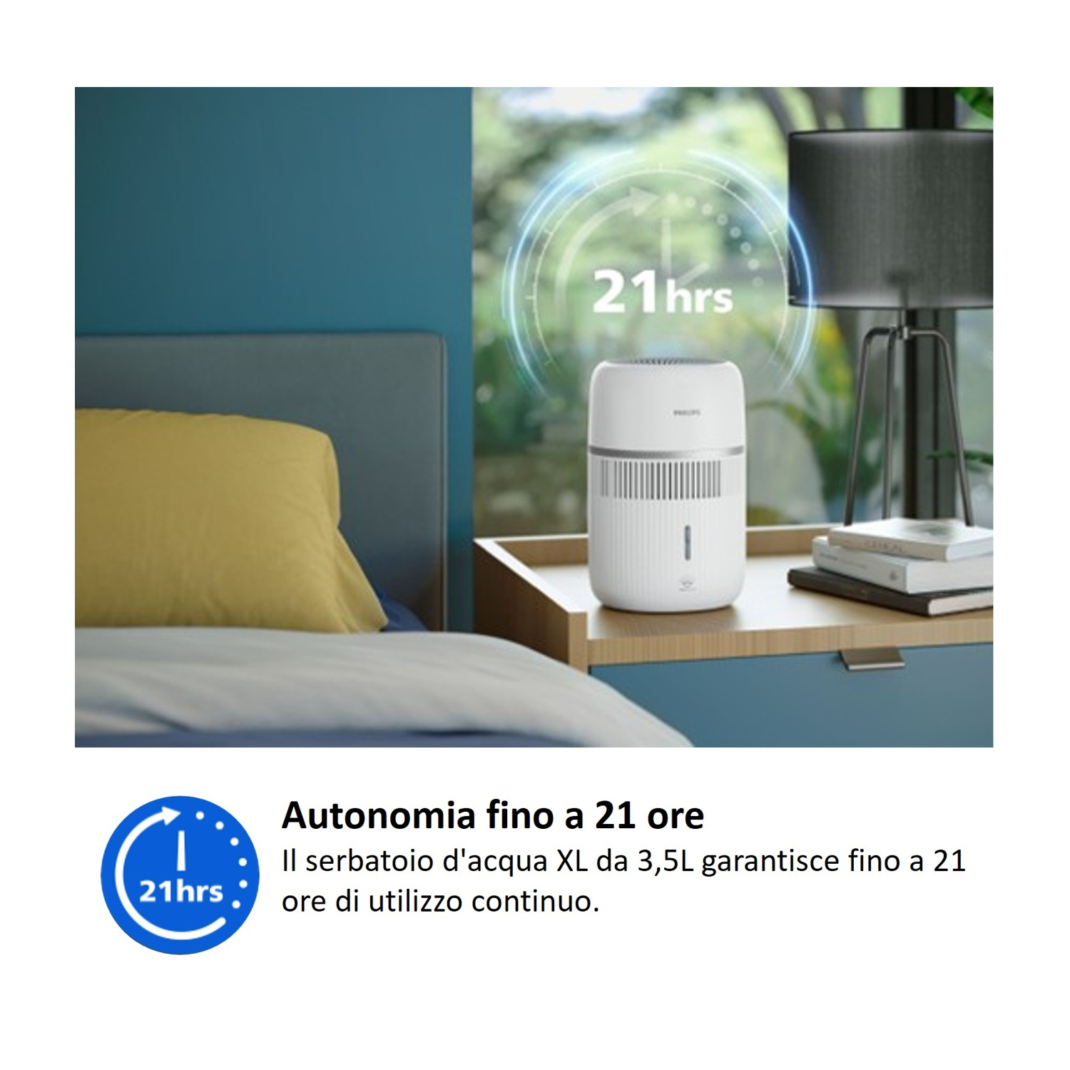 Un purificatore d'aria bianco è su un comodino vicino a un letto, funziona per 21 ore.