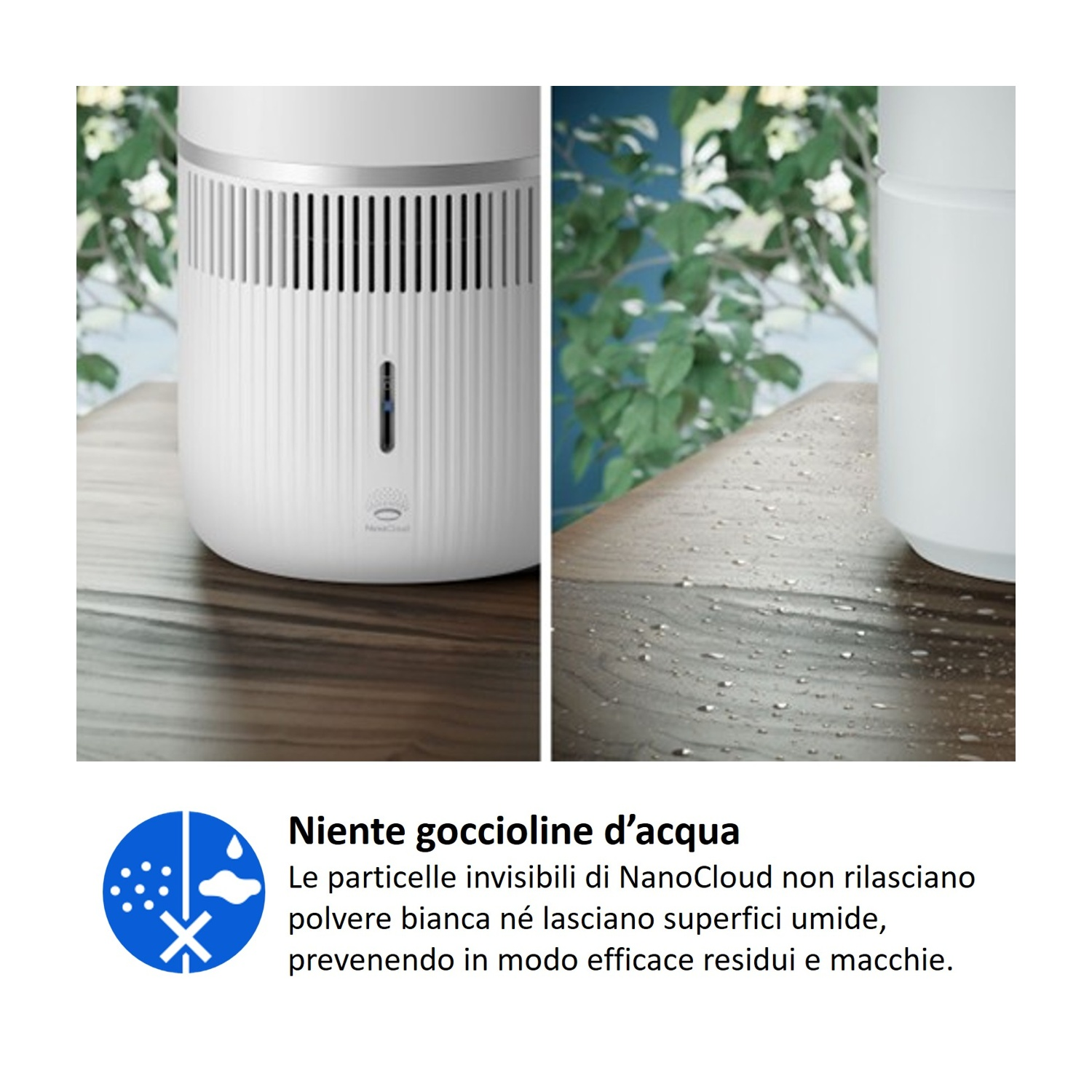 Un umidificatore bianco su un tavolo di legno. Accanto, una superficie bagnata con gocce.