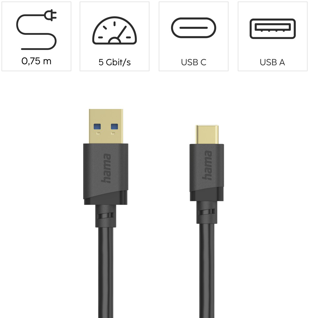 Fekete Hama USB-C - USB-A kábel, 0,75m, 5 Gbit/s.