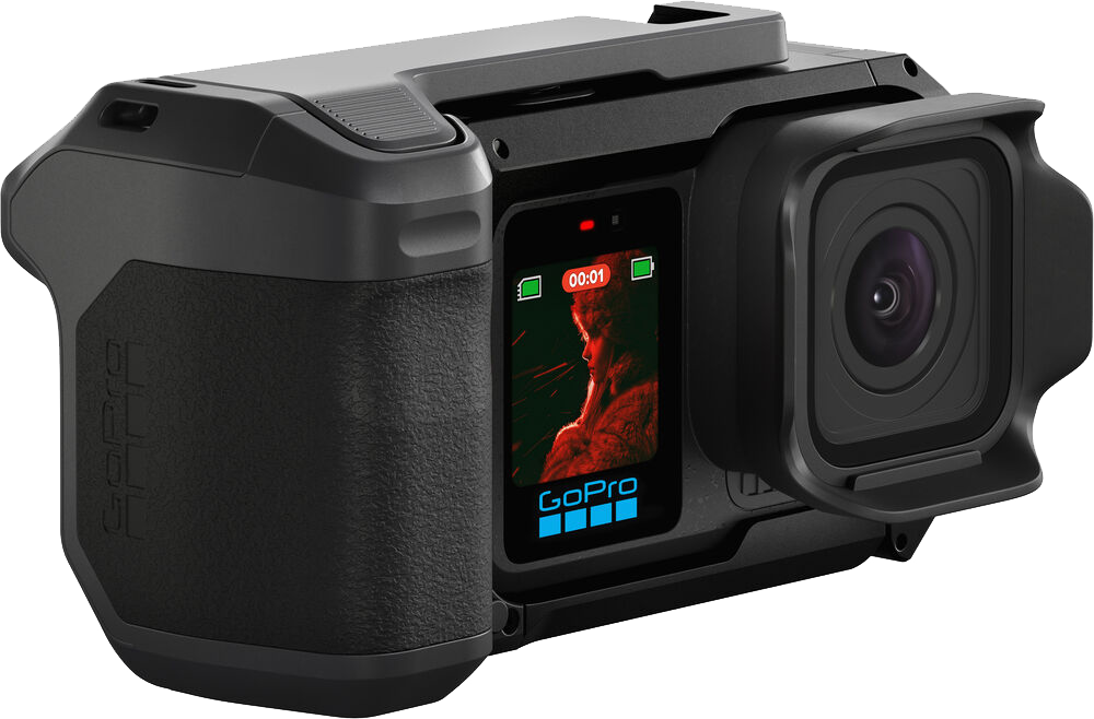 Fekete GoPro kamera lencsével és arccal.