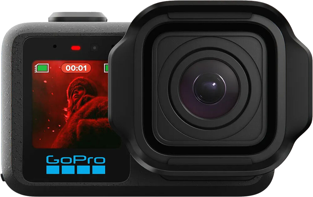 Fekete GoPro kamera előlapi képernyővel, vörös képet és időzítőt mutat, nagy lencsével.