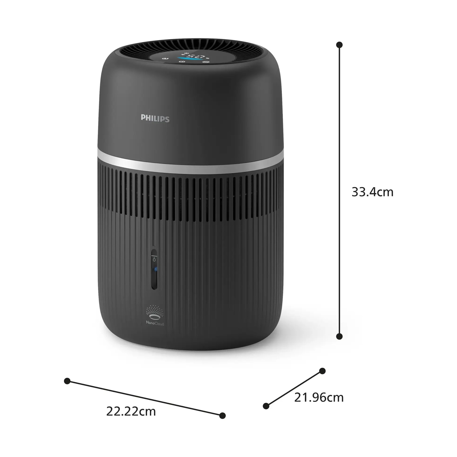 Purificatore d'aria Philips nero con display digitale, altezza 33,4 cm.