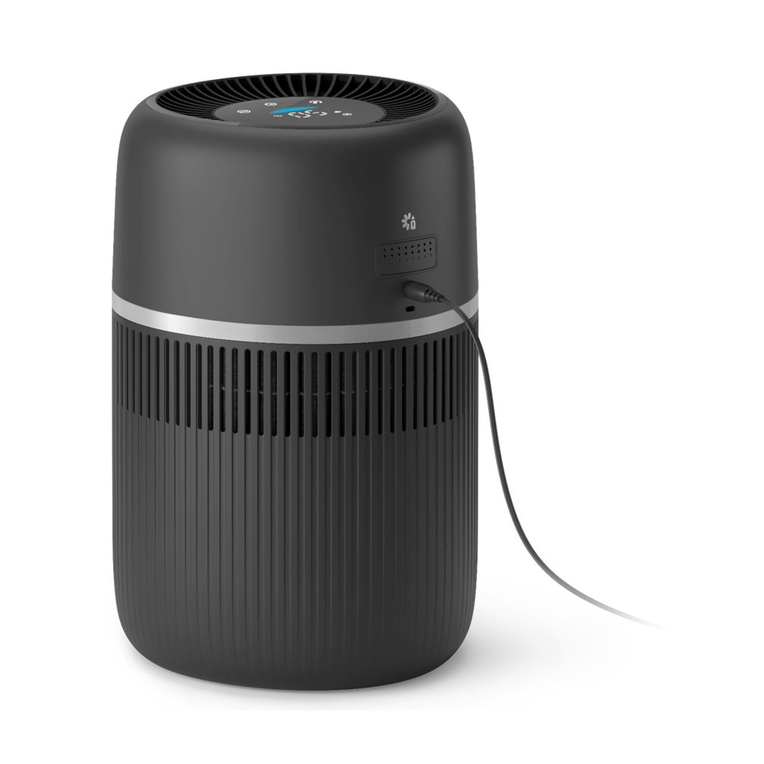 Un purificatore d'aria portatile nero con fascia argentata e display digitale.