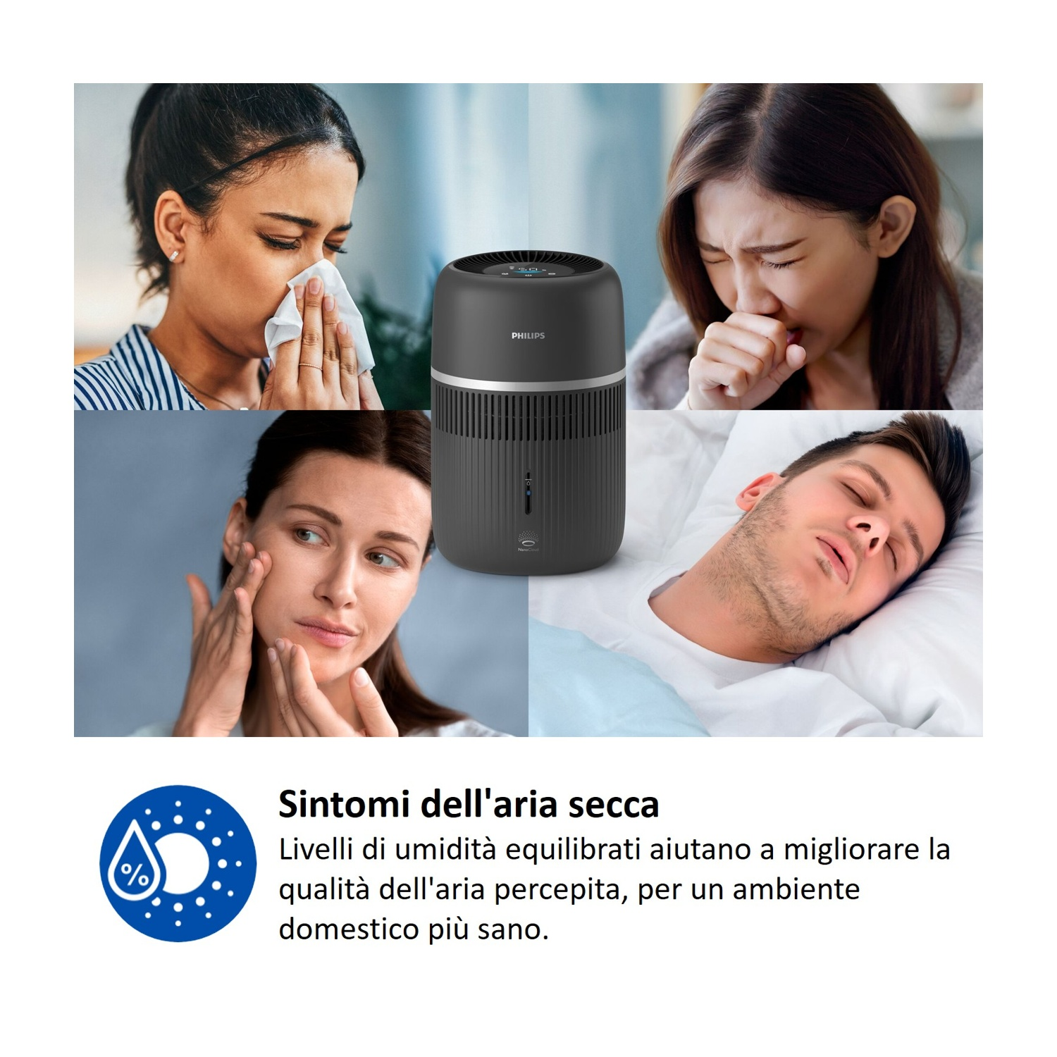 Purificatore d'aria Philips con immagini di persone che starnutiscono, tossiscono, curano la pelle e dormono.