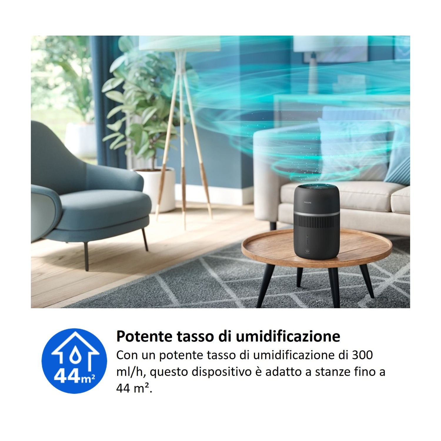 Un umidificatore nero su un tavolo di legno con flussi d'aria blu.