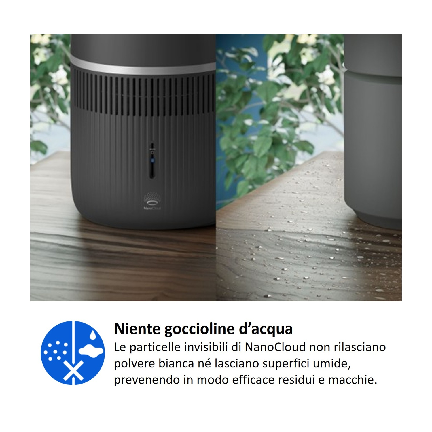 Un purificatore d'aria nero accanto a un piano di tavolo in legno con gocce d'acqua.