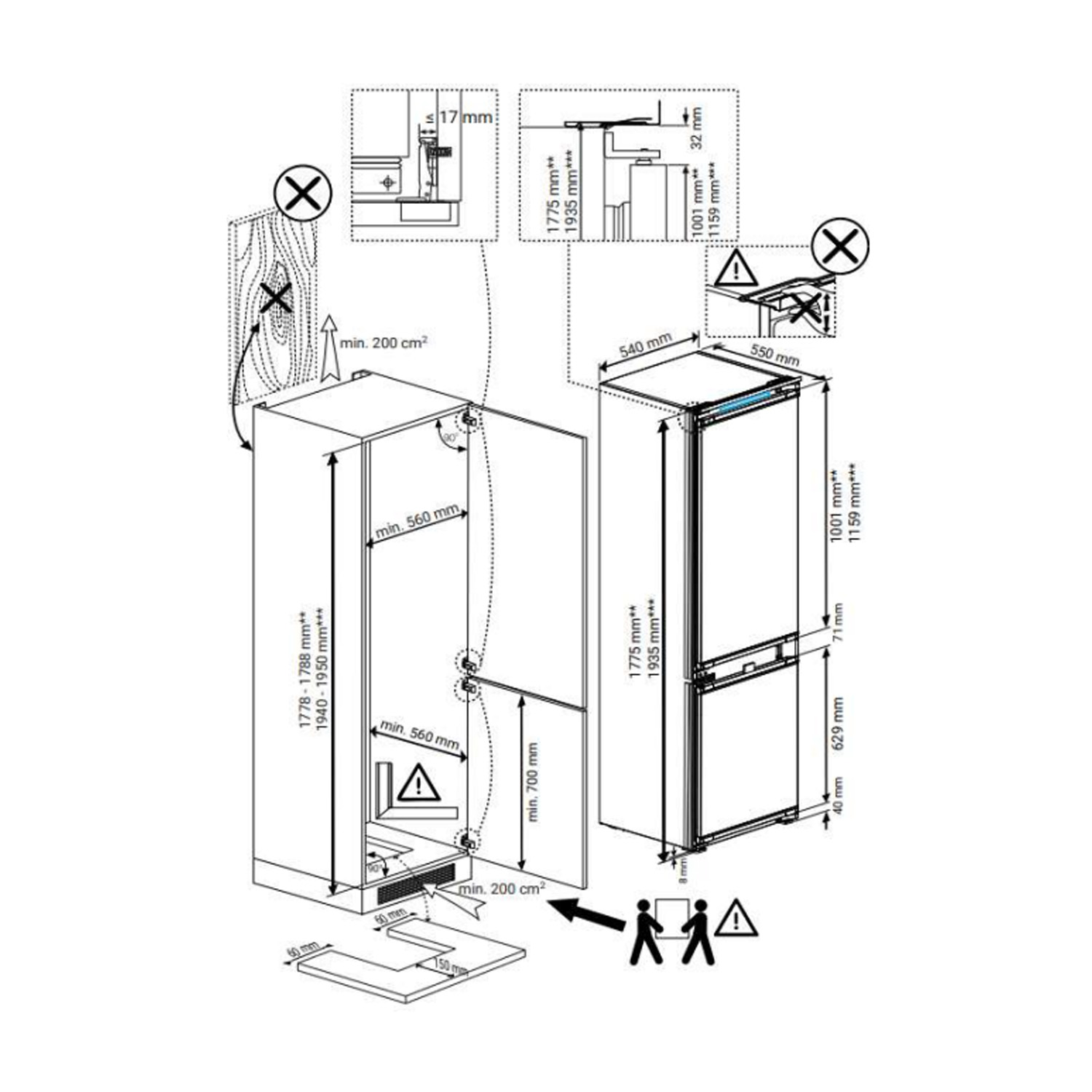 Disegno tecnico di frigorifero-congelatore con dimensioni e istruzioni di installazione.