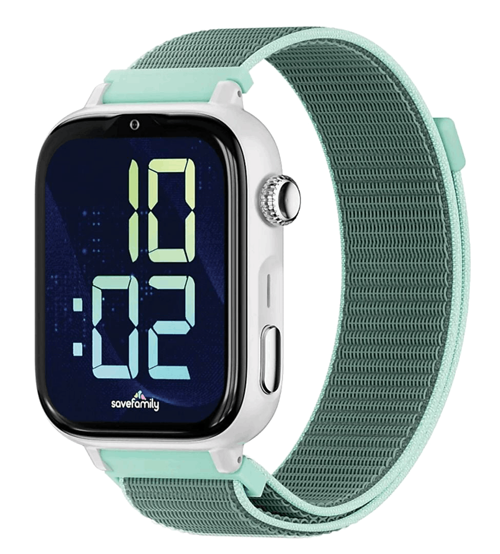 Un reloj inteligente blanco con banda verde menta muestra las 10:02.
