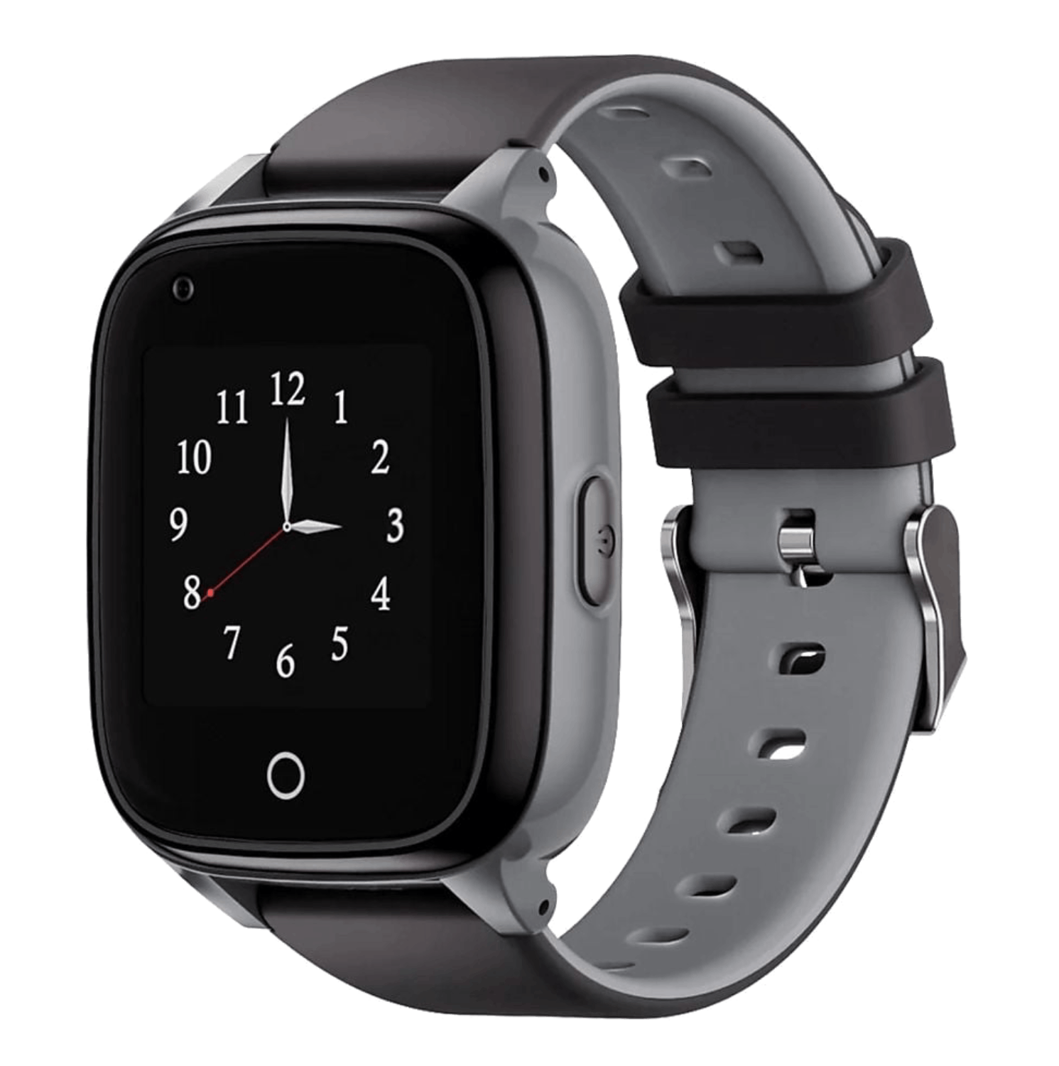Un reloj inteligente gris con correa negra y esfera que muestra la hora.