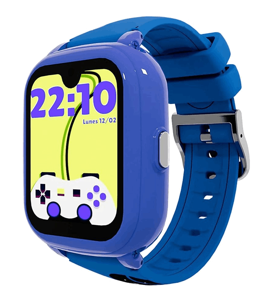 Reloj inteligente azul con diseño de juego en pantalla y hebilla plateada.