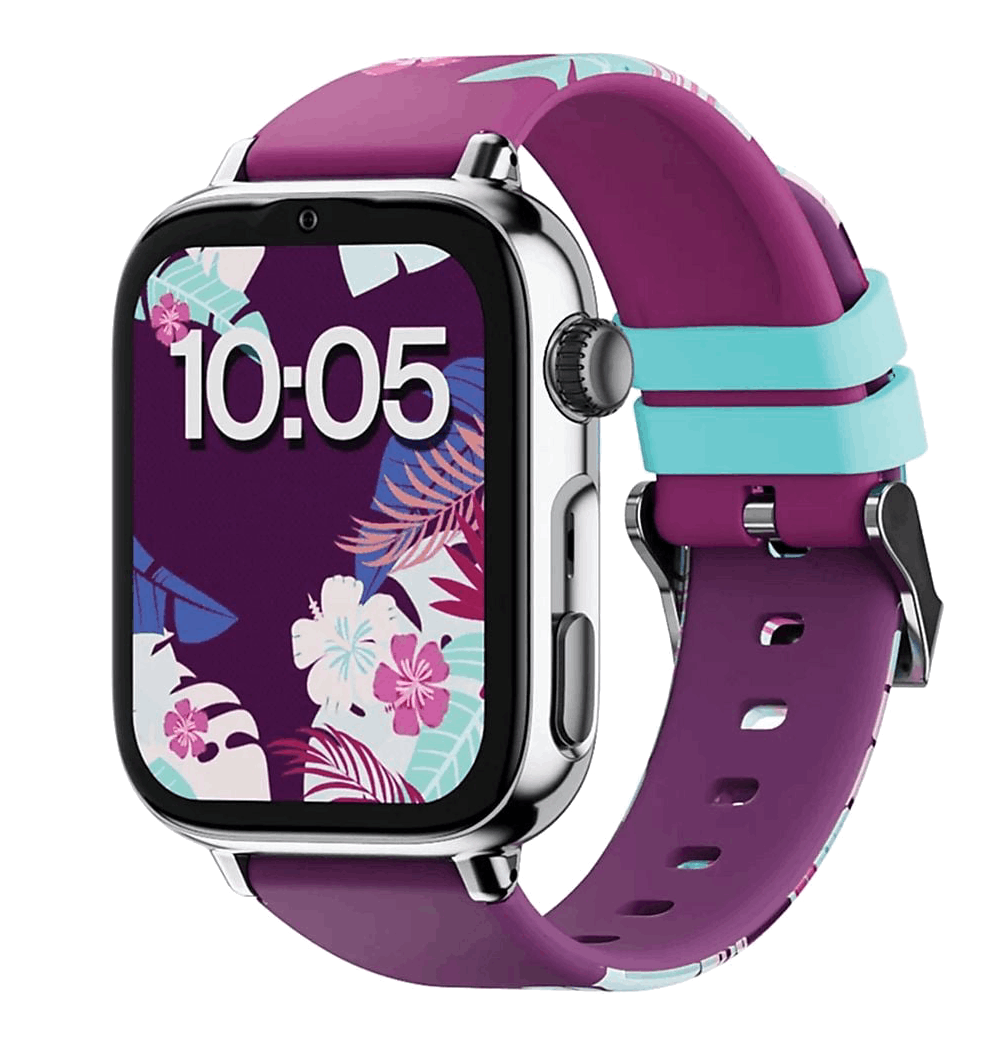 Un reloj inteligente con pantalla floral morada muestra las 10:05. Tiene correa morada con detalles turquesa.