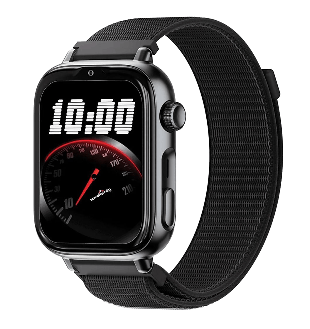Reloj inteligente negro con pantalla digital y esfera de velocímetro.
