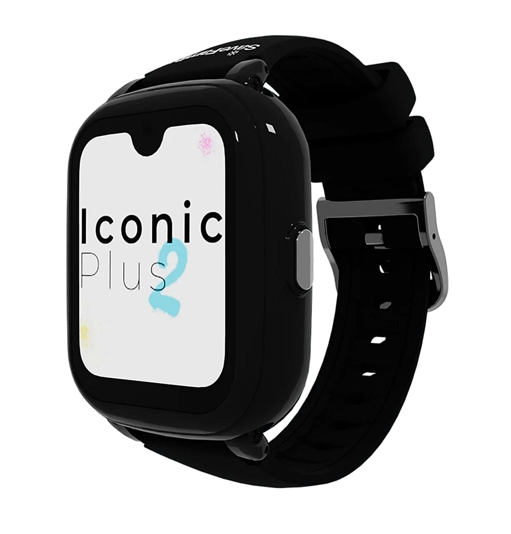 Reloj inteligente negro con "Iconic Plus 2" en la pantalla.