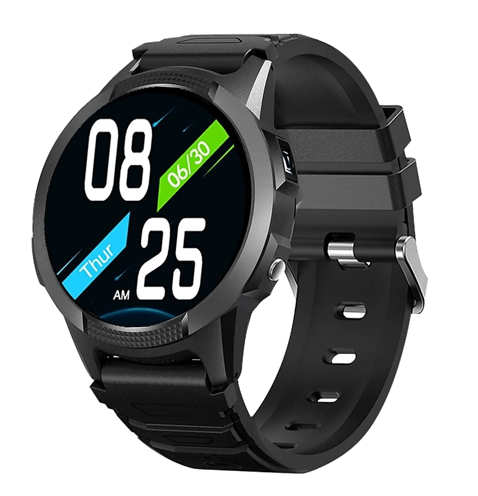 Un reloj inteligente negro con pantalla digital que muestra 08:25 AM y fecha 06/30.
