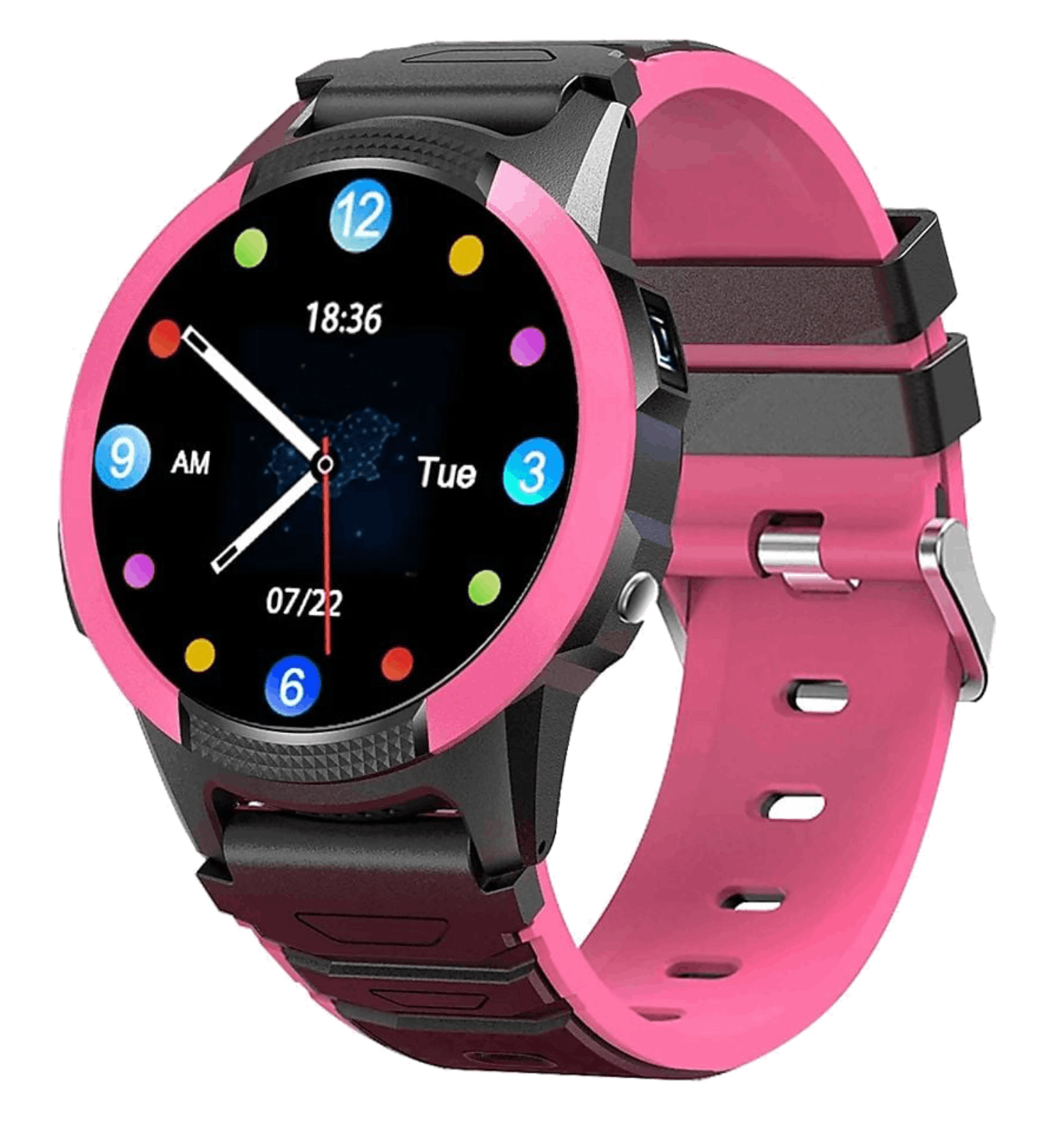 Un reloj inteligente rosa con correa negra y pantalla digital muestra las 18:36.