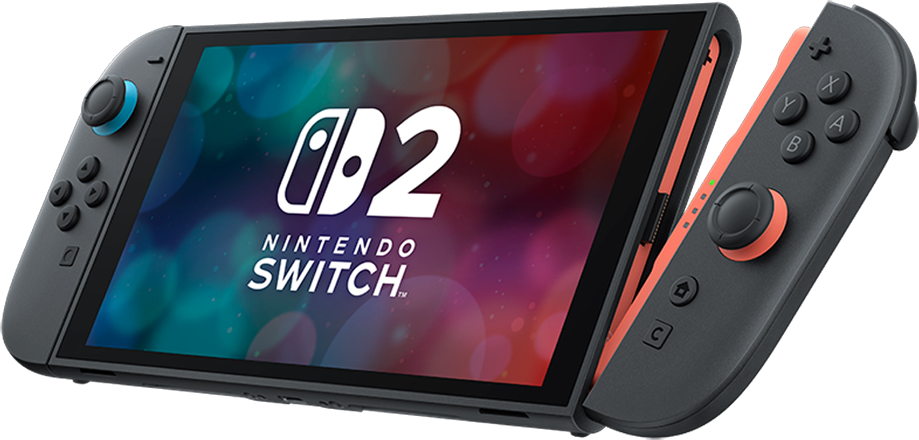 Nintendo Switch mit linker und rechter Joy-Con in Grau und Orange.