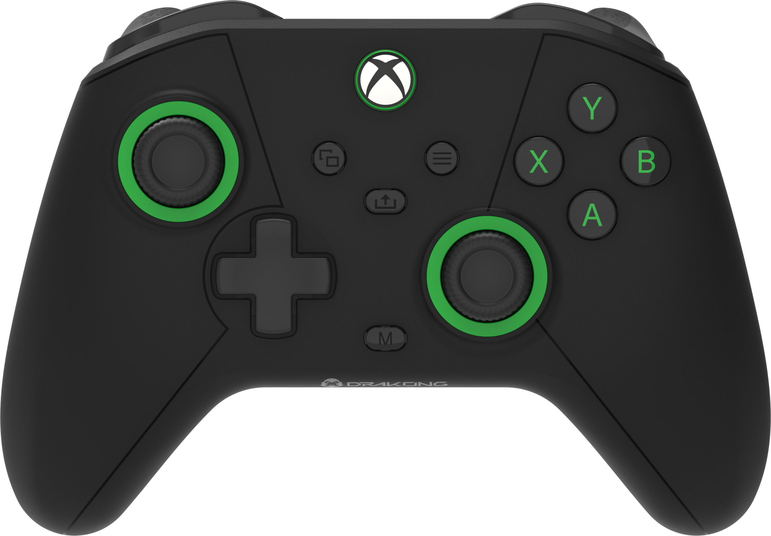 Fekete Xbox kontroller zöld díszítéssel és gombokkal.
