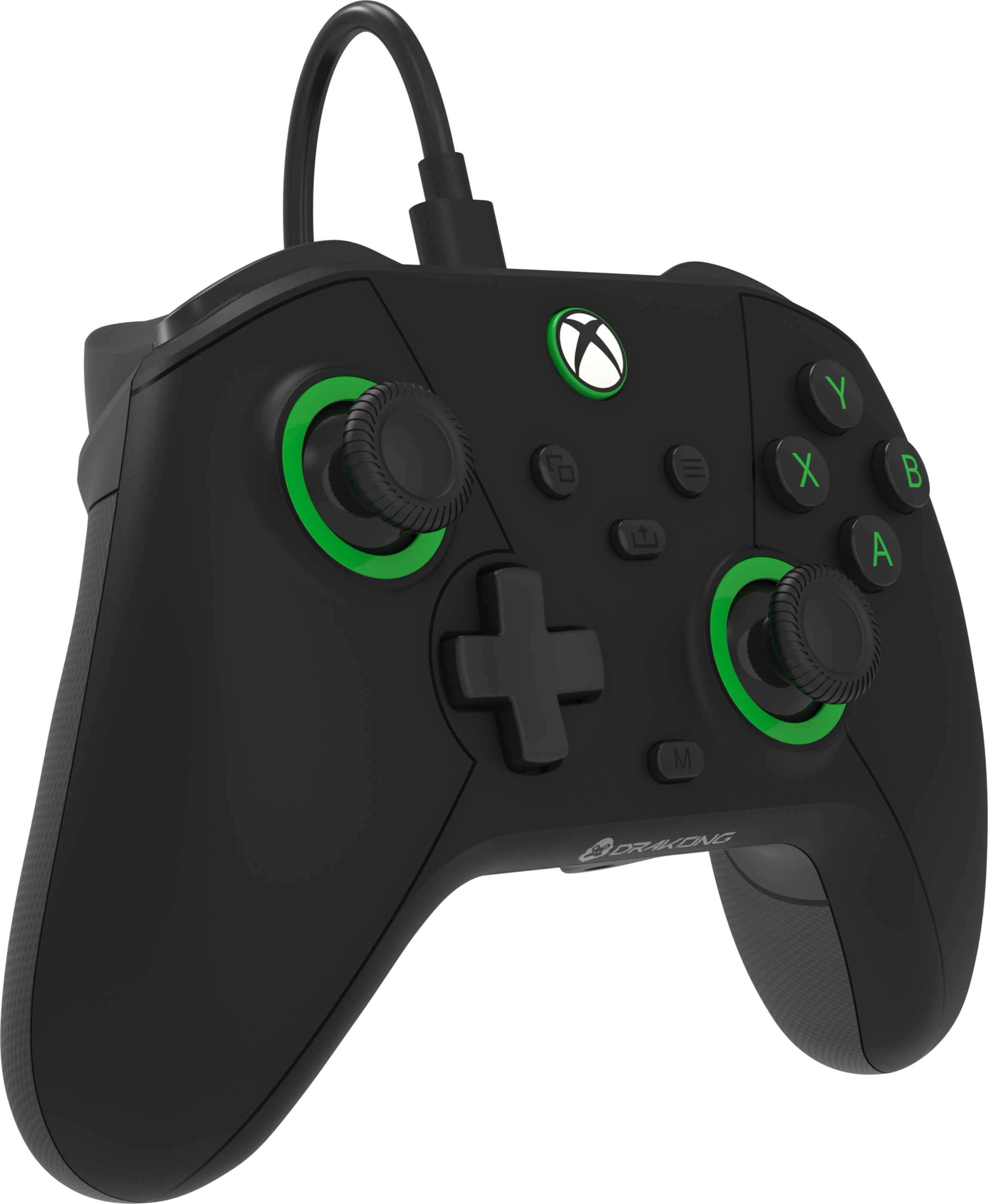 Fekete Xbox kontroller zöld díszítéssel és kábellel, fekete háttéren.